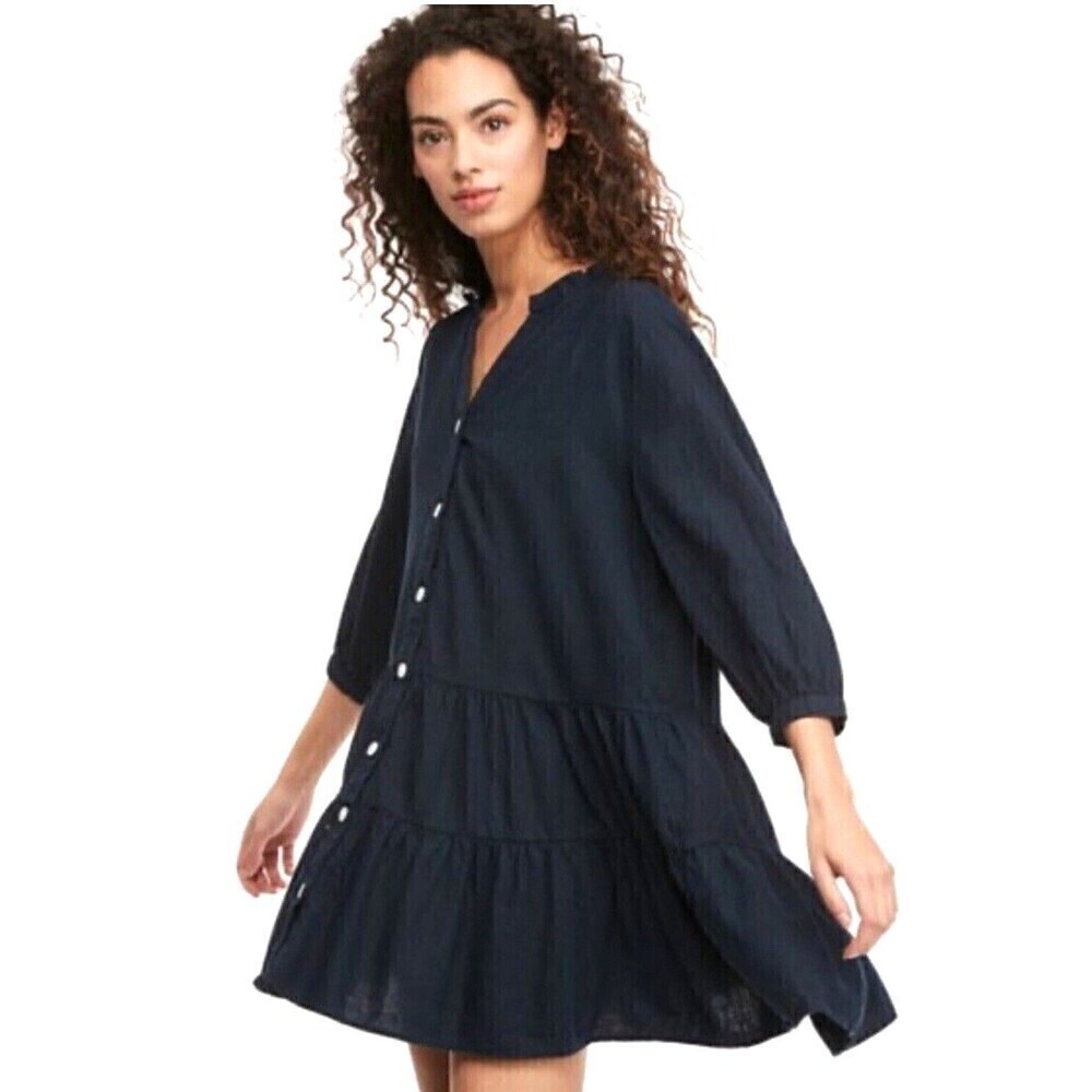 Tommy Hilfiger Womens Sz L Navy Shirt Dress Linen Blend Baby Doll Drop Waist E2